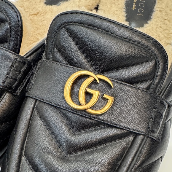 Gucci Black Quilted Leather Slippers with Brushed Gold Gucci Logo - Picture 6 of 9